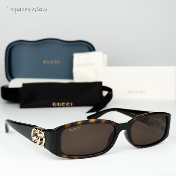 Gucci Women Sunglasses Dark Havana Brown Rectangle GG1661S 002 BRAND NEW - Picture 1 of 9